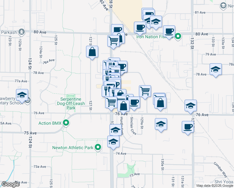 map of restaurants, bars, coffee shops, grocery stores, and more near 7728 128 Street in Surrey
