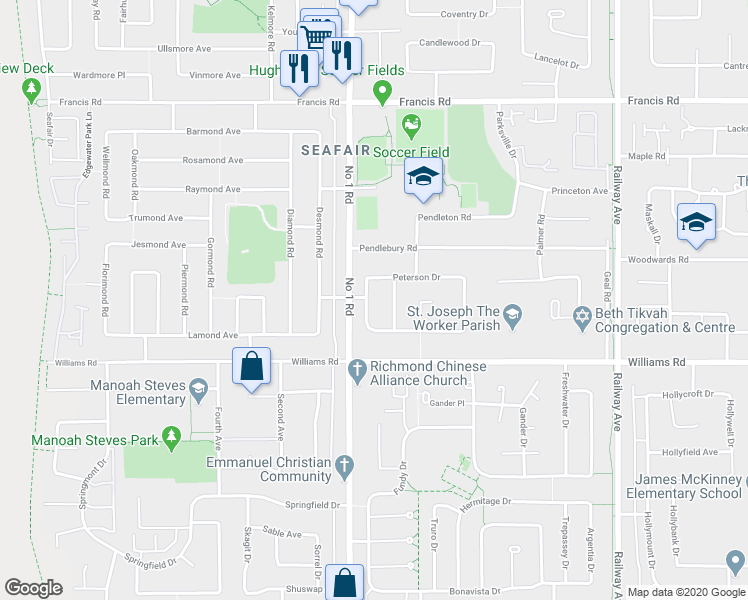 map of restaurants, bars, coffee shops, grocery stores, and more near 4984 Peterson Drive in Richmond