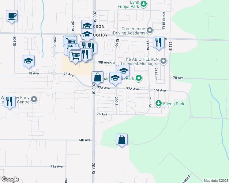 map of restaurants, bars, coffee shops, grocery stores, and more near 20852 77A Avenue in Langley Township