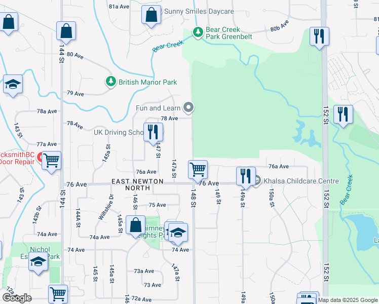 map of restaurants, bars, coffee shops, grocery stores, and more near 7699 148 Street in Surrey