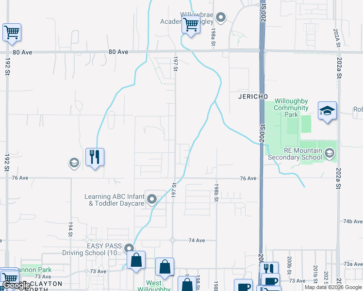 map of restaurants, bars, coffee shops, grocery stores, and more near 7640 197 Street in Langley Township