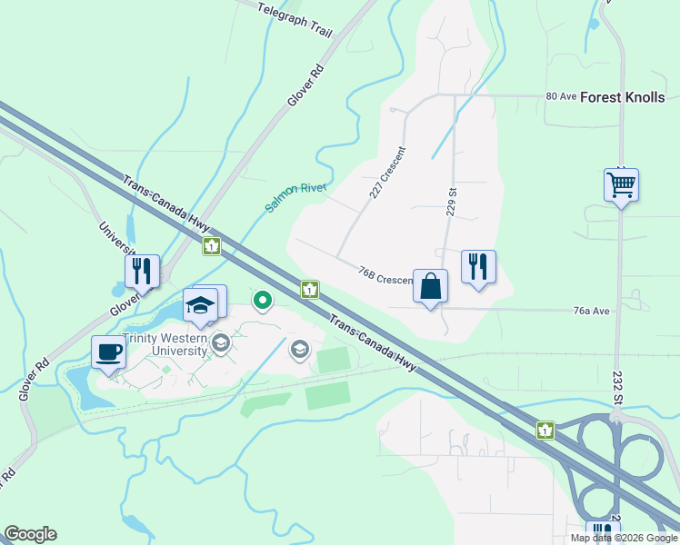 map of restaurants, bars, coffee shops, grocery stores, and more near 22724 76B Crescent in Langley Township