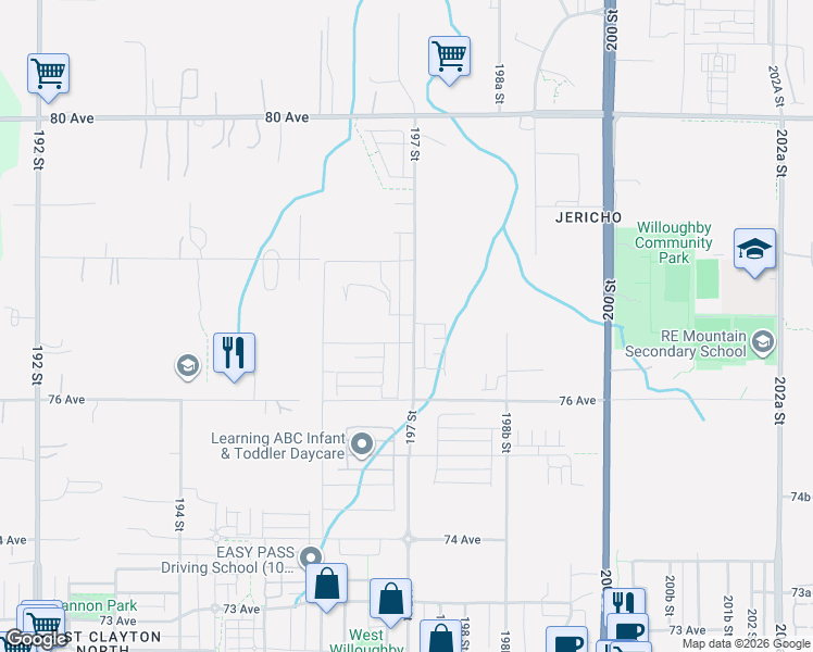 map of restaurants, bars, coffee shops, grocery stores, and more near 7695 197 Street in Langley Township