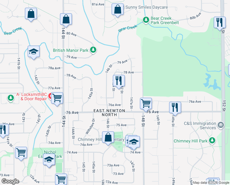 map of restaurants, bars, coffee shops, grocery stores, and more near 7690 146A Street in Surrey