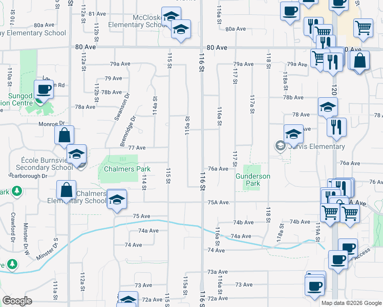 map of restaurants, bars, coffee shops, grocery stores, and more near 7688 115A Street in Delta