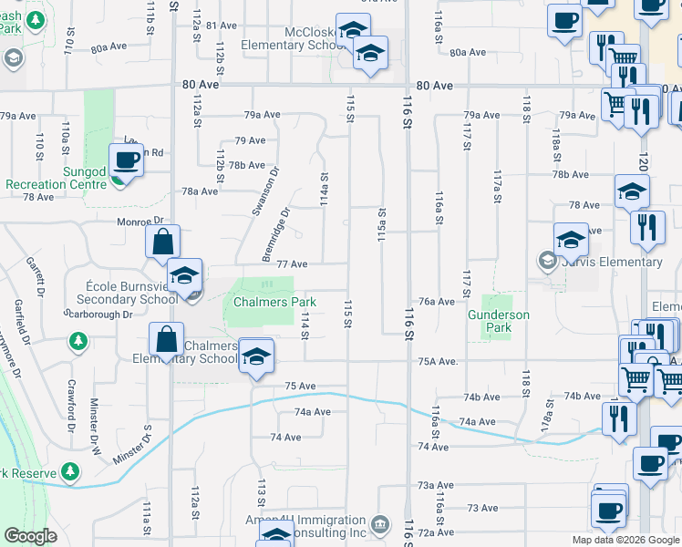 map of restaurants, bars, coffee shops, grocery stores, and more near 7681 115 Street in Delta