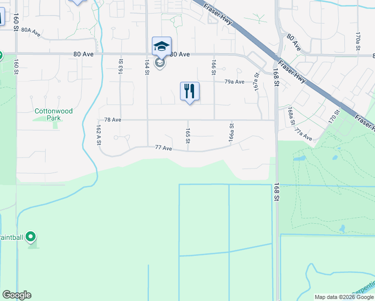map of restaurants, bars, coffee shops, grocery stores, and more near 7715 165 Street in Surrey