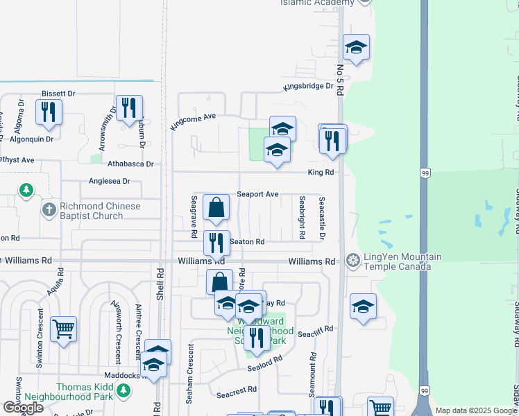 map of restaurants, bars, coffee shops, grocery stores, and more near 9751 Seavale Road in Richmond