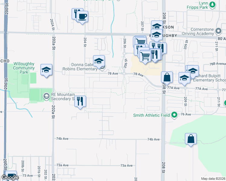 map of restaurants, bars, coffee shops, grocery stores, and more near 20530 77A Avenue in Langley Township