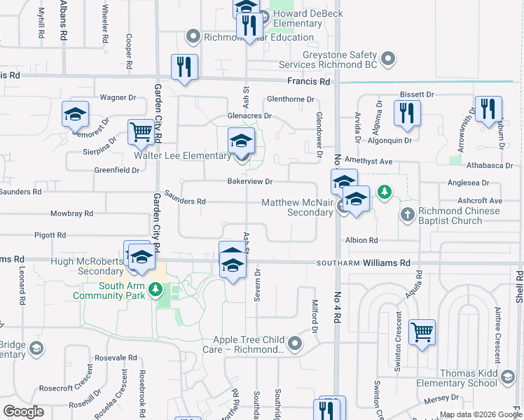 map of restaurants, bars, coffee shops, grocery stores, and more near 9540 Saunders Road in Richmond
