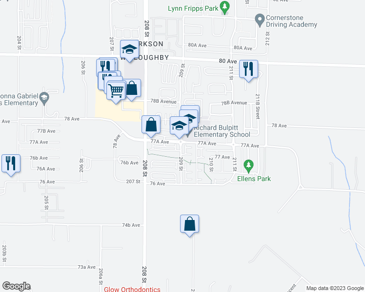 map of restaurants, bars, coffee shops, grocery stores, and more near 7686 209 Street in Langley Township