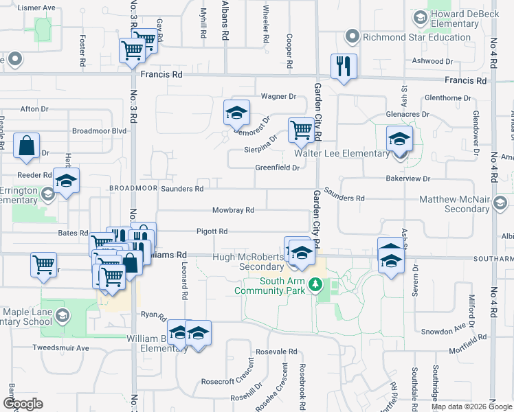 map of restaurants, bars, coffee shops, grocery stores, and more near 8571 Mowbray Road in Richmond