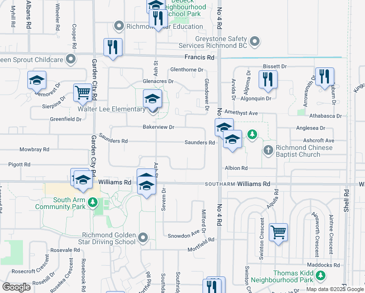 map of restaurants, bars, coffee shops, grocery stores, and more near 9640 Saunders Road in Richmond