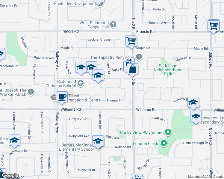 map of restaurants, bars, coffee shops, grocery stores, and more near 5720 Eastman Drive in Richmond
