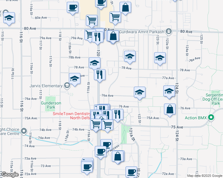 map of restaurants, bars, coffee shops, grocery stores, and more near 7688 120A Street in Surrey