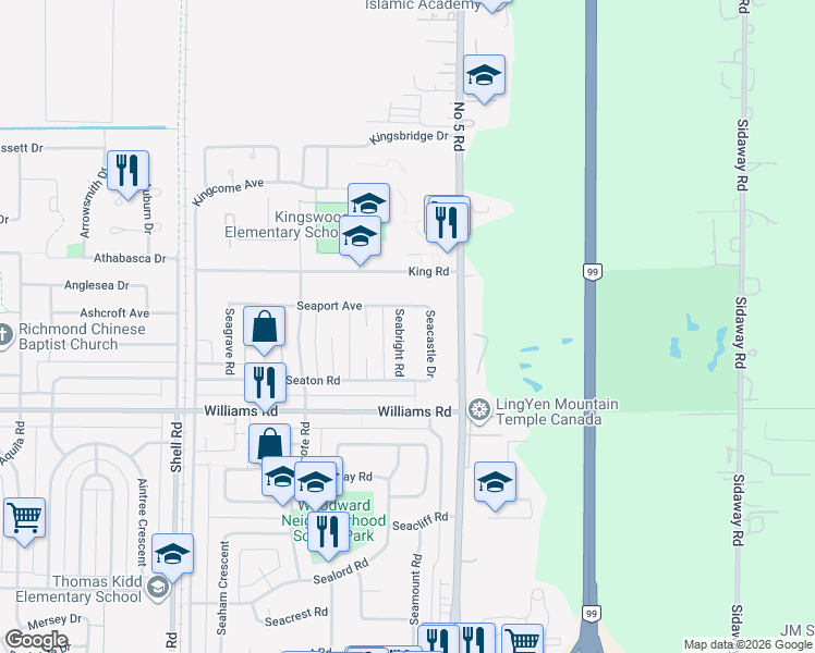 map of restaurants, bars, coffee shops, grocery stores, and more near 9740 Seabright Road in Richmond