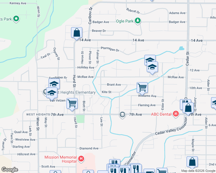 map of restaurants, bars, coffee shops, grocery stores, and more near 32382 Brant Avenue in Mission