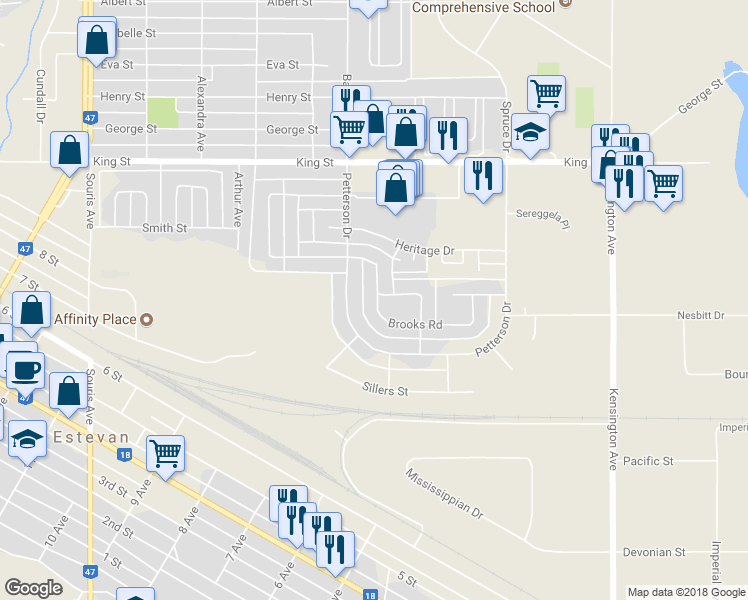 map of restaurants, bars, coffee shops, grocery stores, and more near 446 Brooks Road in Estevan