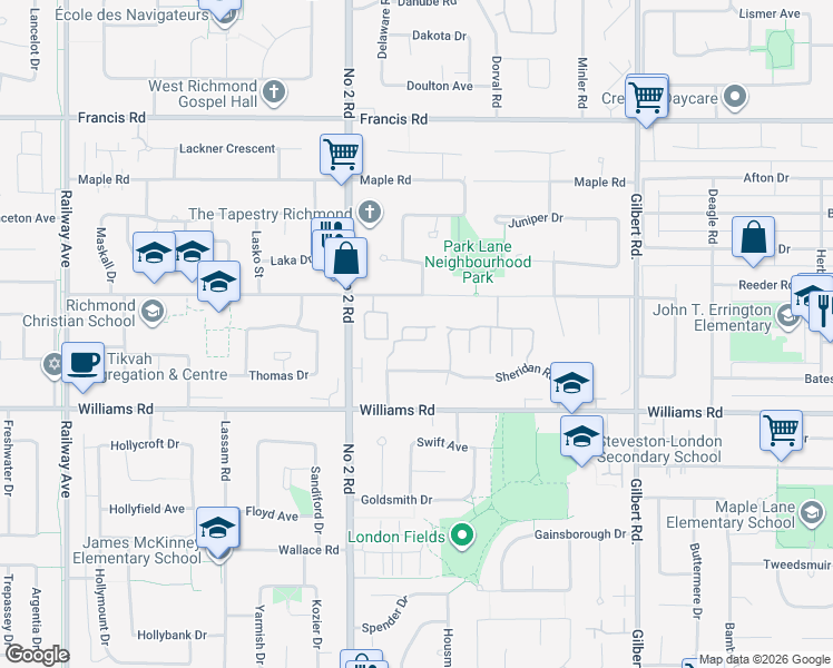 map of restaurants, bars, coffee shops, grocery stores, and more near 9880 Parsons Road in Richmond