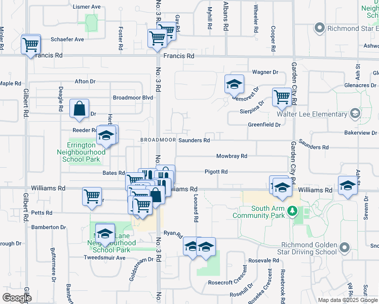 map of restaurants, bars, coffee shops, grocery stores, and more near 8211 Mowbray Road in Richmond