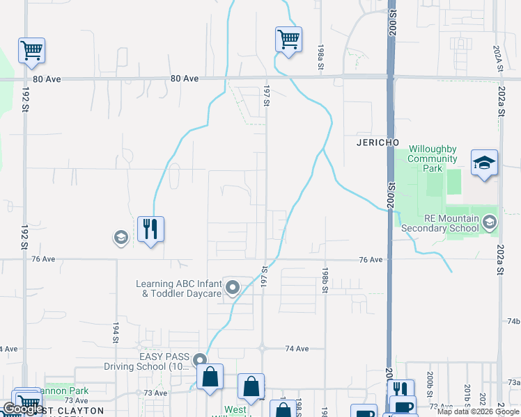 map of restaurants, bars, coffee shops, grocery stores, and more near 7703 197 Street in Langley Township