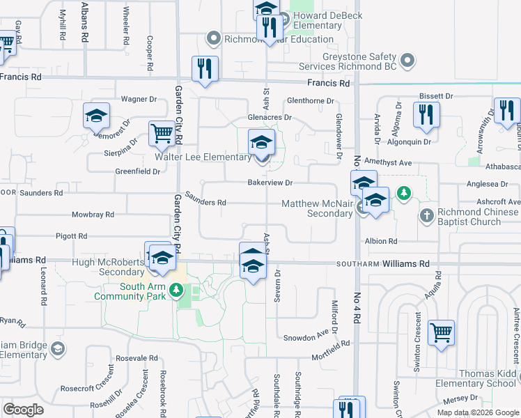 map of restaurants, bars, coffee shops, grocery stores, and more near 9488 Saunders Road in Richmond