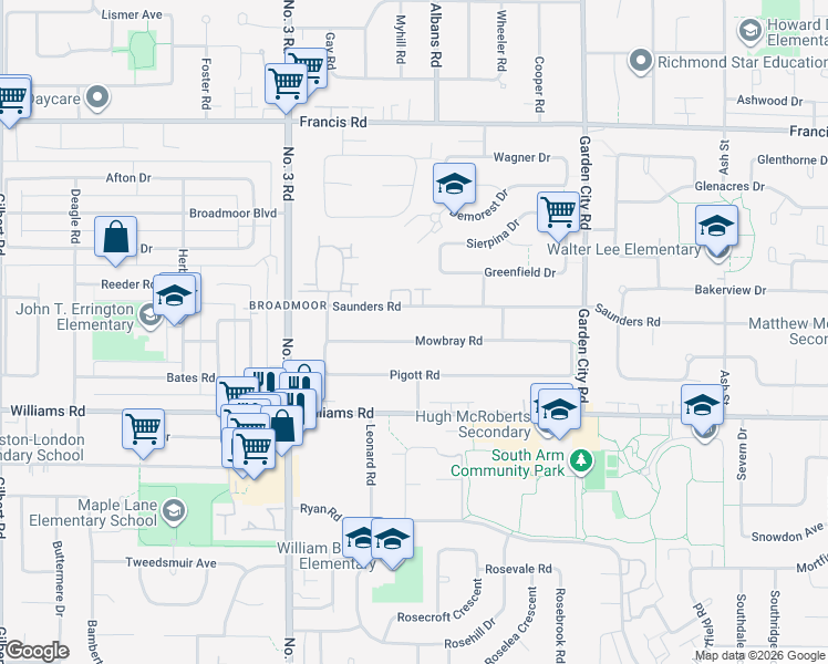map of restaurants, bars, coffee shops, grocery stores, and more near 8371 Mowbray Road in Richmond