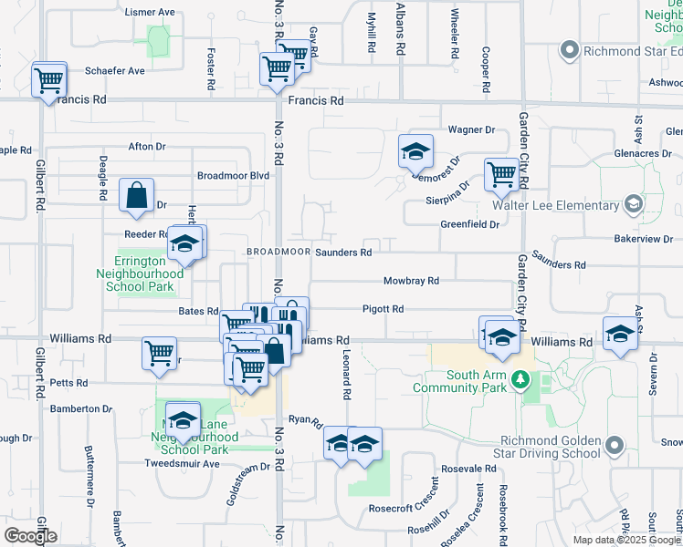 map of restaurants, bars, coffee shops, grocery stores, and more near 8231 Mowbray Road in Richmond