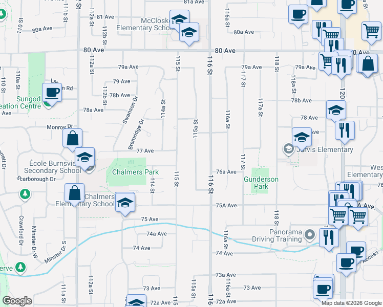 map of restaurants, bars, coffee shops, grocery stores, and more near 7695 115A Street in Delta