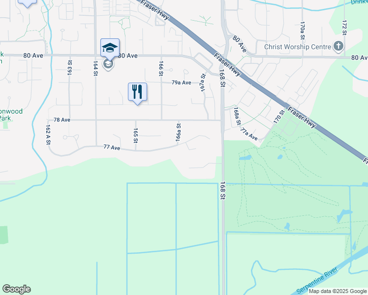 map of restaurants, bars, coffee shops, grocery stores, and more near 16672 77 Avenue in Surrey