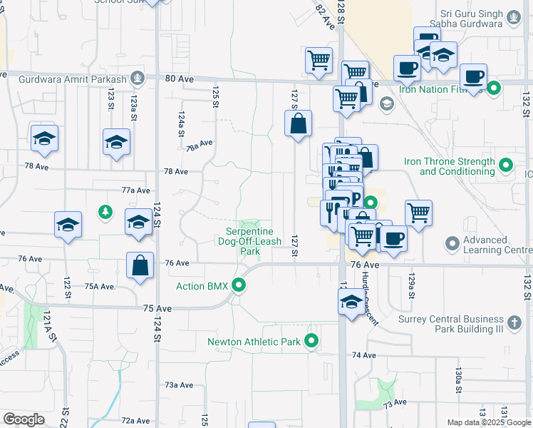 map of restaurants, bars, coffee shops, grocery stores, and more near 7707 126 Street in Surrey