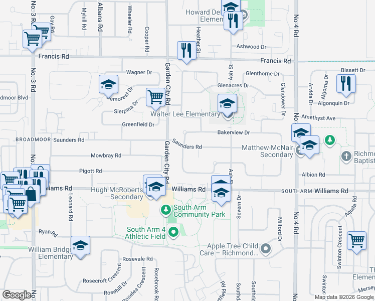 map of restaurants, bars, coffee shops, grocery stores, and more near 9240 Saunders Road in Richmond