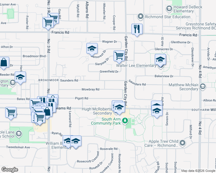 map of restaurants, bars, coffee shops, grocery stores, and more near 8651 Mowbray Road in Richmond