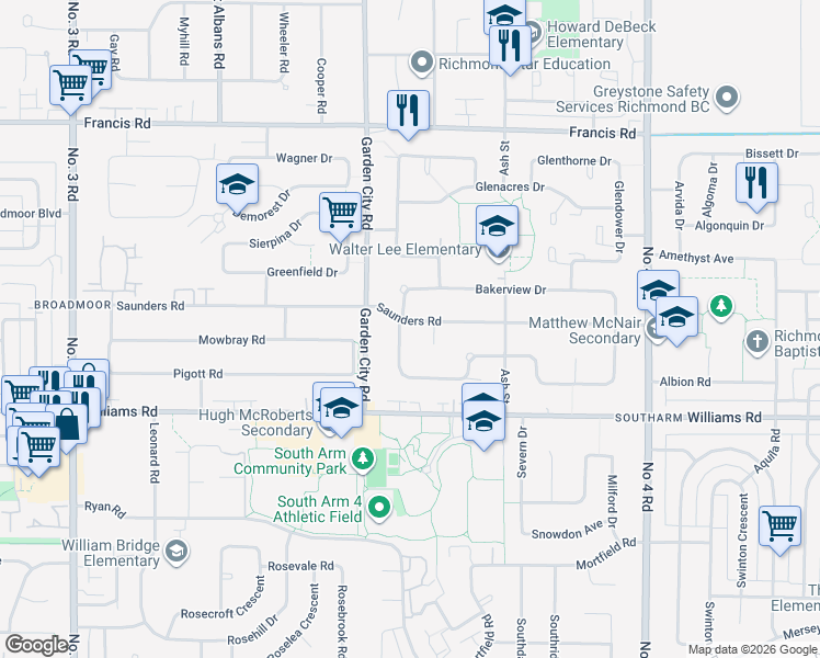 map of restaurants, bars, coffee shops, grocery stores, and more near 9260 Saunders Road in Richmond