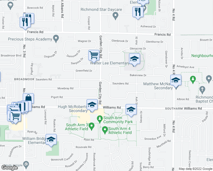 map of restaurants, bars, coffee shops, grocery stores, and more near 9011 Pinewell Crescent in Richmond