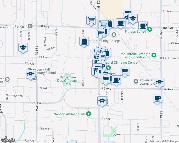 map of restaurants, bars, coffee shops, grocery stores, and more near 7711 128 Street in Surrey