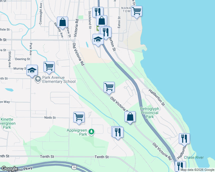map of restaurants, bars, coffee shops, grocery stores, and more near 924 Old Victoria Road in Nanaimo