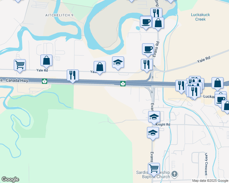 map of restaurants, bars, coffee shops, grocery stores, and more near 44850 Luckakuck Way in Chilliwack