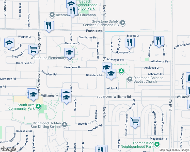 map of restaurants, bars, coffee shops, grocery stores, and more near 9760 Saunders Road in Richmond