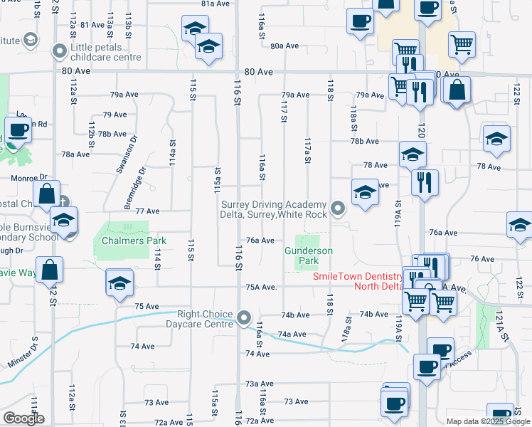 map of restaurants, bars, coffee shops, grocery stores, and more near 7696 116A Street in Delta