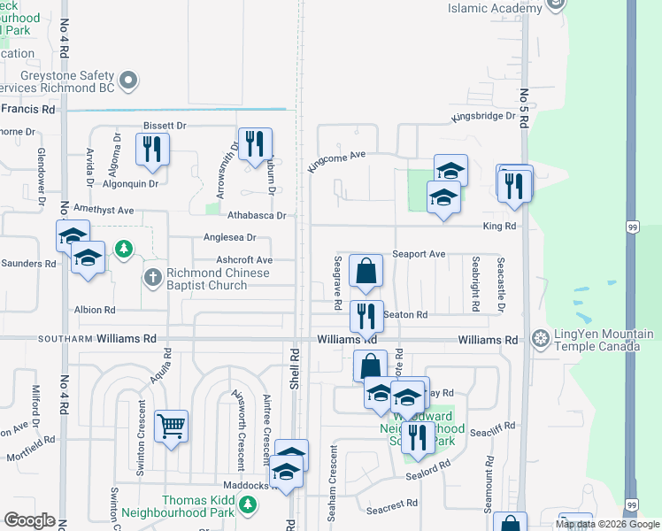 map of restaurants, bars, coffee shops, grocery stores, and more near 9731 Seagrave Road in Richmond