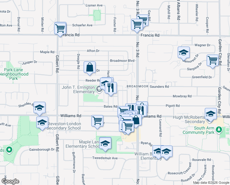map of restaurants, bars, coffee shops, grocery stores, and more near 9831 Greenlees Road in Richmond
