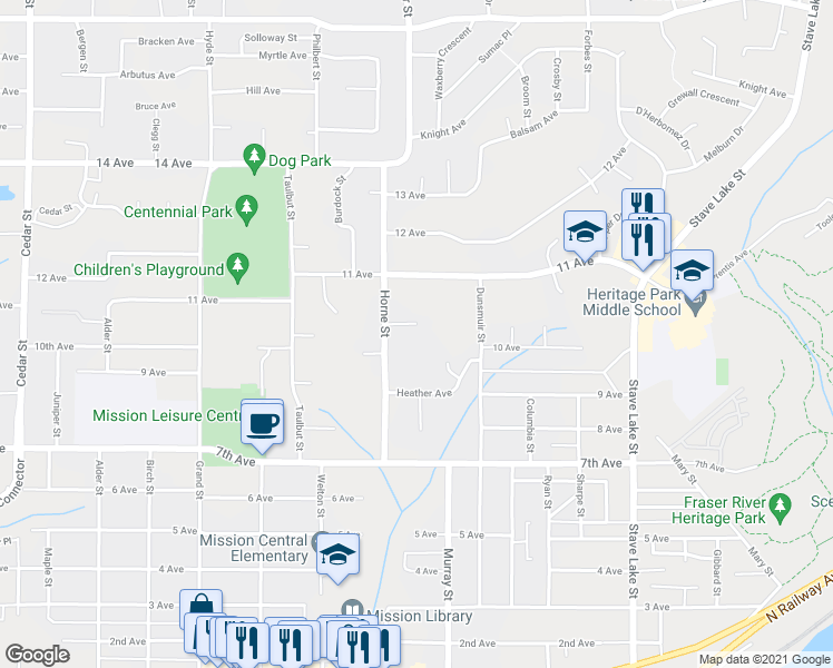 map of restaurants, bars, coffee shops, grocery stores, and more near 33352 Hodson Place in Mission