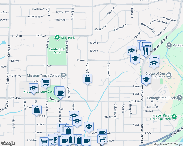 map of restaurants, bars, coffee shops, grocery stores, and more near 33330 Hodson Place in Mission