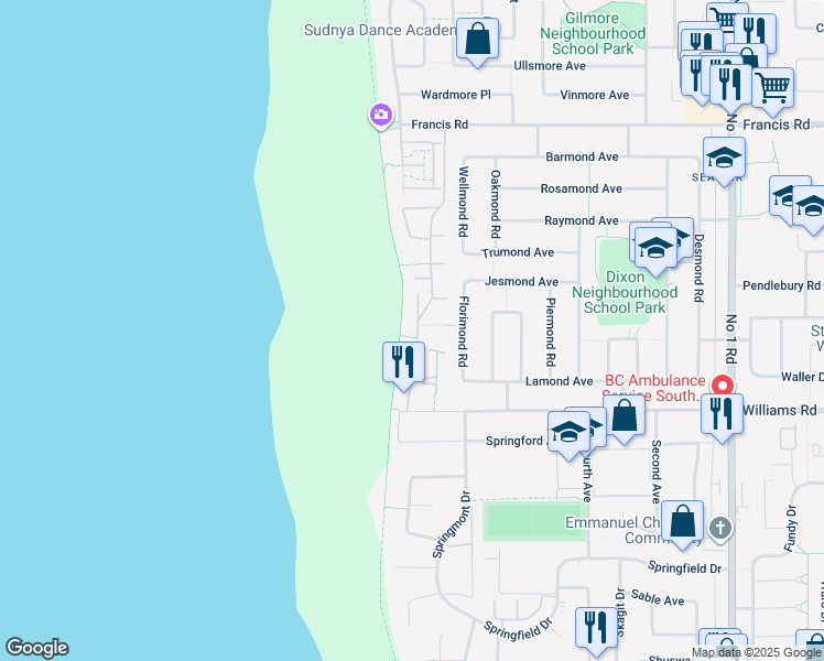 map of restaurants, bars, coffee shops, grocery stores, and more near 73 Edgewater Park Lane in Richmond