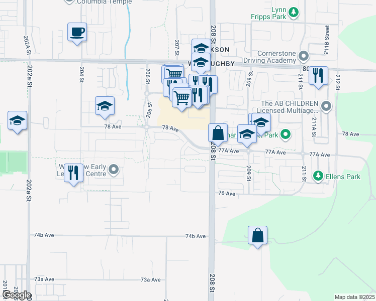 map of restaurants, bars, coffee shops, grocery stores, and more near 7716 207 Street in Langley Township