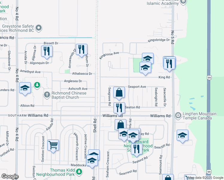 map of restaurants, bars, coffee shops, grocery stores, and more near 9720 Seagrave Road in Richmond