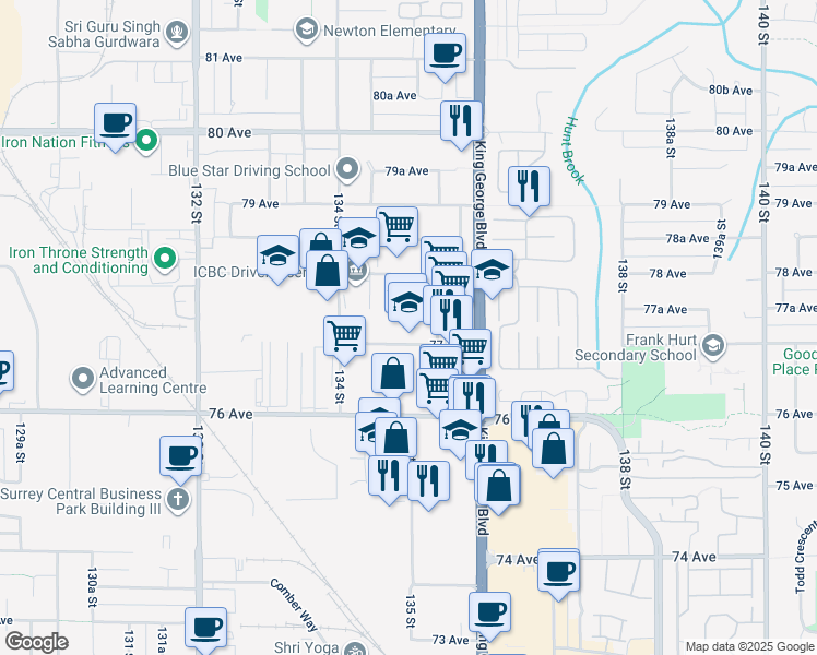 map of restaurants, bars, coffee shops, grocery stores, and more near 13479 77 Avenue in Surrey