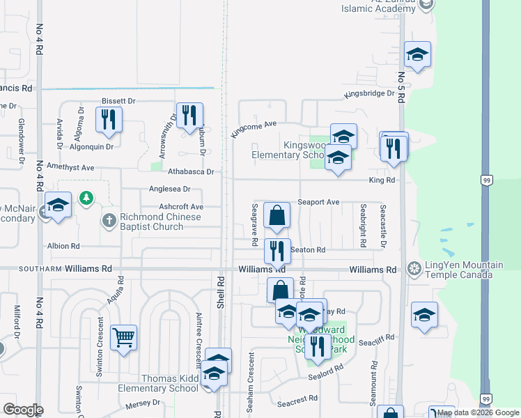map of restaurants, bars, coffee shops, grocery stores, and more near 9720 Seagrave Road in Richmond