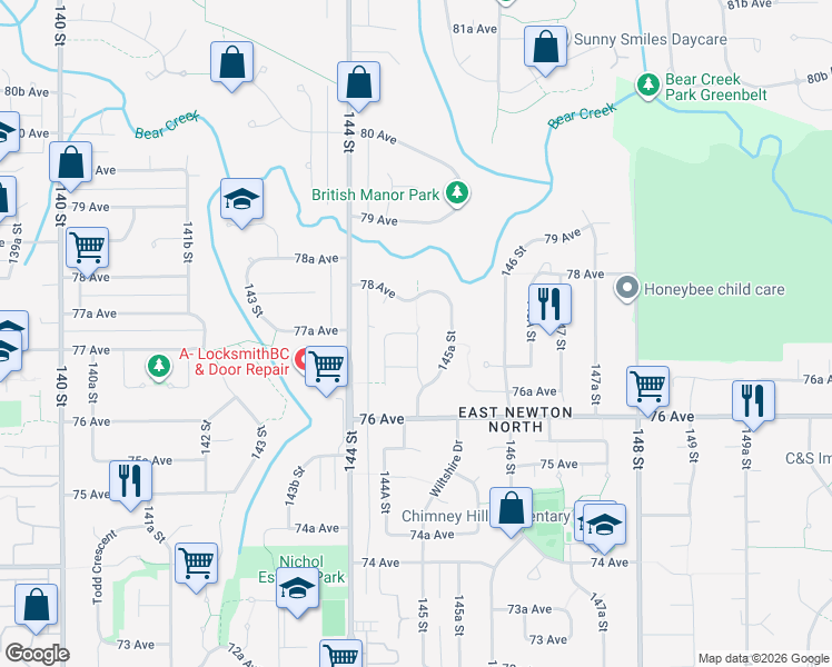 map of restaurants, bars, coffee shops, grocery stores, and more near 77 Avenue in Surrey
